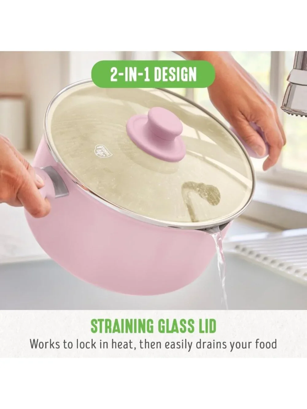 Ceramic Nonstick 6QT Stockpot with Glass Lid, PFAS-Free, Dishwasher Safe, Pink